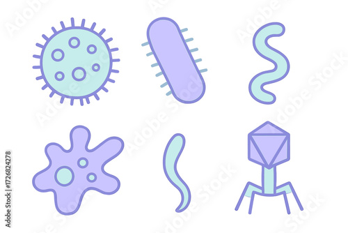 Colorful illustrations of microorganisms including bacteria, viruses, and other tiny life forms set against a simple background
