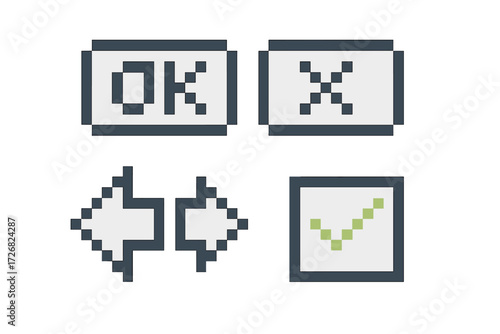 Pixel art buttons for digital interface displaying OK, X, left-right arrows, and check mark