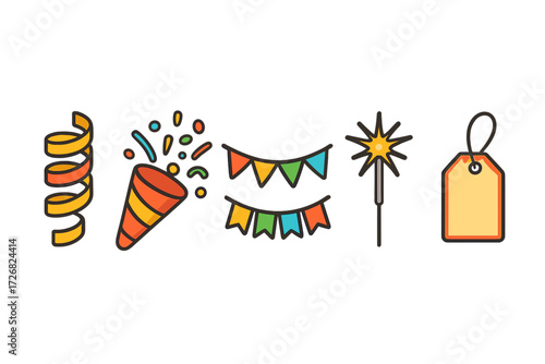 Colorful celebration elements arranged in a fun layout for festive occasions, highlighting joy and excitement in gatherings