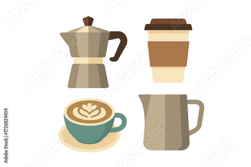 Different coffee brewing methods and tools displayed in an organized arrangement in a minimalistic style