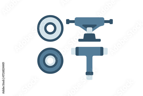 Skateboard parts like wheels and truck seen from above on a plain background in an indoor setting