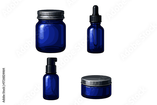 Different types of blue glass containers for cosmetic products displayed on a simple background