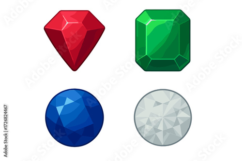 Colorful gemstones featuring red ruby, green emerald, blue sapphire, and sparkling diamond shapes