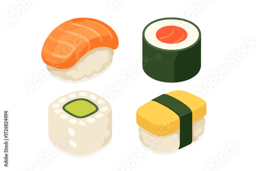 Sushi variety featuring salmon, maki rolls, and nigiri displayed on a clean background