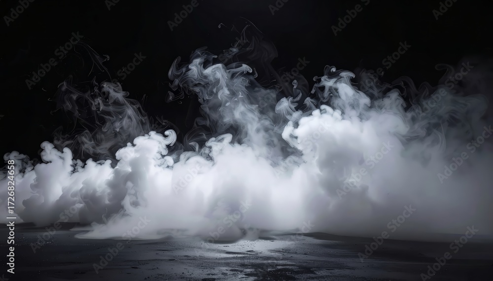 Naklejka premium Thick smoke cloud, dark background, dramatic fog effect