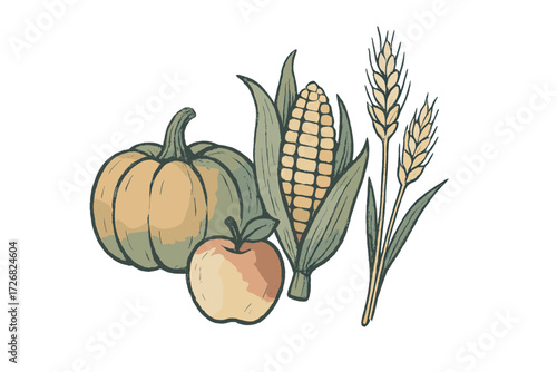 Colorful harvest display featuring pumpkin, apple, corn, and wheat with autumn themes for seasonal decoration