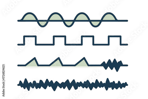 Visual representation of sound waves in different forms illustrating audio signal variations and characteristics