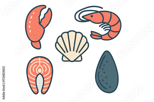Seafood collection featuring shrimp, lobster, scallop, salmon, and mussel in a colorful and artistic style