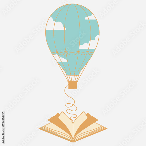 Whimsical illustration of an open book with a hot air balloon ascending, representing the power of reading to inspire dreams, adventure, and explore new horizons
