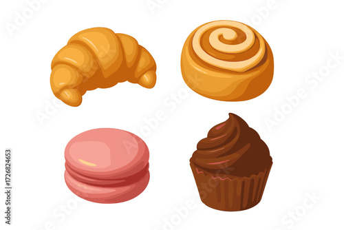Delicious baked goods including croissants, pastries, and sweets on a light background