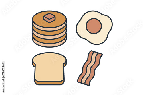 Breakfast spread featuring pancakes, egg, toast, and bacon on a simple white background