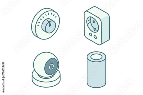 Various simple electronic devices with different shapes and functions displayed on a light background