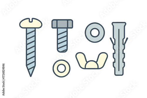 Various types of screws, bolts, washers, and anchors displayed together for hardware applications