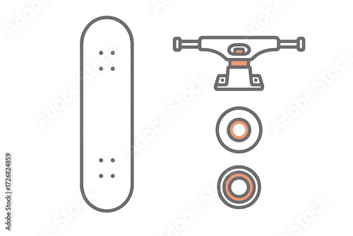 Skateboard parts and assembly components displayed for building a custom board