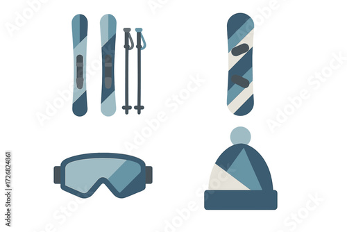 Winter sports equipment including skis, snowboards, poles, goggles, and a beanie ready for an adventure in the snow