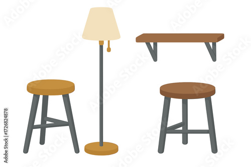 Stylish wooden furniture arrangement for a cozy living space with a lamp and stools