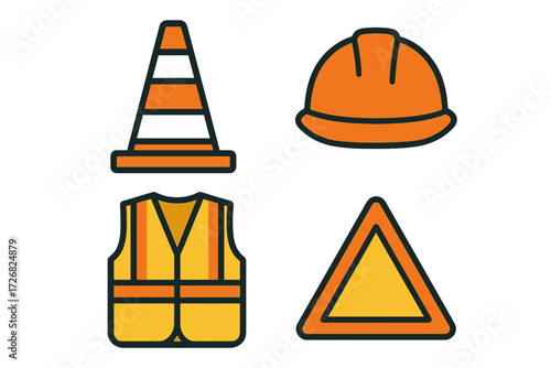 Construction safety gear including cones, hard hats, vests, and warning signs displayed together in a simple graphic design