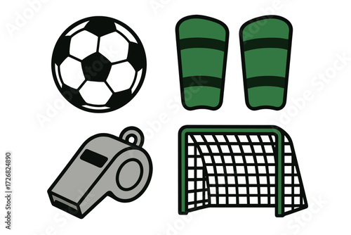 Various soccer gear and accessories displayed together featuring a ball, shin guards, a whistle, and a goal