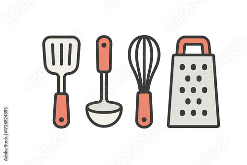 Kitchen utensils display featuring spatula, ladle, whisk, and grater arranged in a neat row