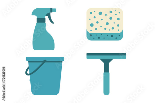 Cleaning supplies including a spray bottle, sponge, bucket, and squeegee arranged for a home cleaning session