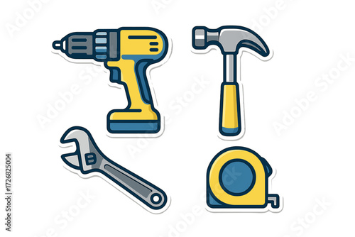 Tools for home improvement including a drill, hammer, wrench, and measuring tape arranged together in a simple design