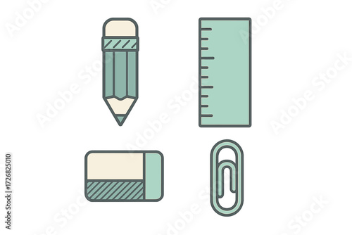 Stationery items including pencil, eraser, ruler, and paperclip arranged neatly on a clean background
