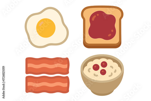 Breakfast foods on a plate with eggs, bacon, toast with jam, and oatmeal in a bowl