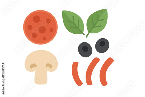 Colorful cartoon pizza toppings in a playful arrangement on a white background