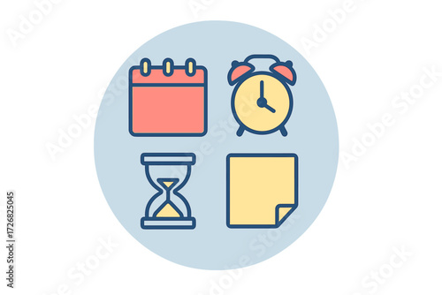 Clock, calendar, hourglass, and paper icon design showcasing time management tools for productivity