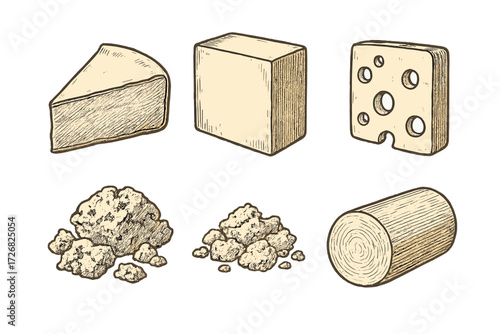 Variety of cheeses including blocks and crumbles displayed on a plain background