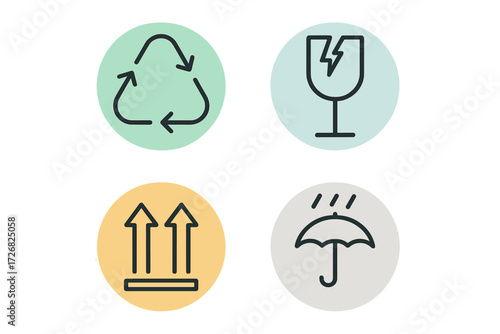 Symbols representing recycling, breakable items, fragile handling, and weather protection in a simple design