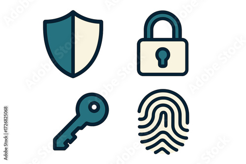 Symbols of security featuring a shield, padlock, key, and fingerprint design for digital safety concepts