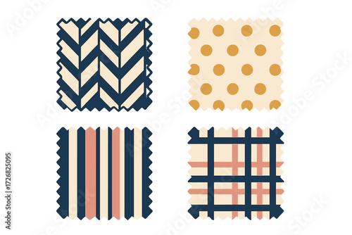 Colorful fabric patterns featuring herringbone, polka dots, stripes, and plaid in a modern design for creative projects