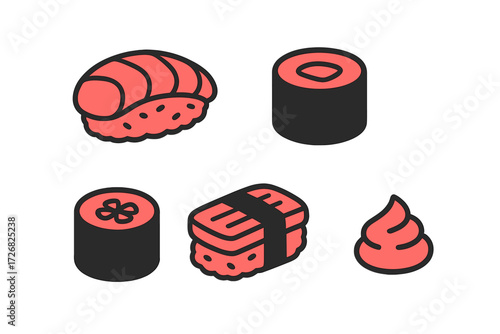Different types of sushi displayed with vibrant colors and simple designs on a white background