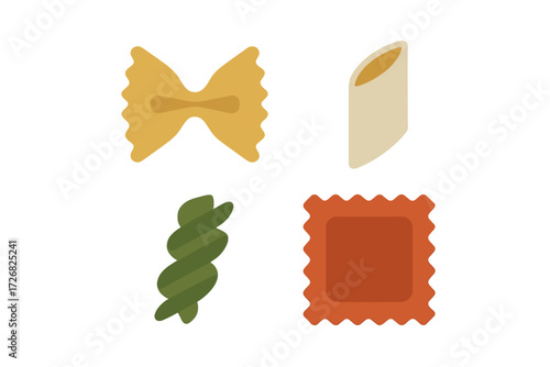 Variety of pasta shapes including farfalle, cannelloni, fusilli, and ravioli displayed on a white background