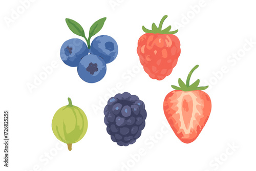 Colorful assortment of fresh berries and fruits displayed creatively on a white background