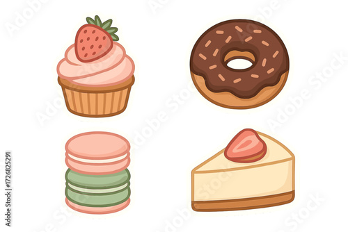 Delicious variety of desserts including cupcake, donut, macarons, and cheesecake in a colorful design