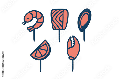 Colorful seafood skewers with various ingredients displayed on sticks at a lively outdoor grill party