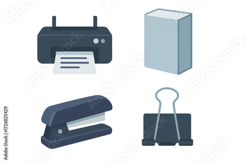 Office supplies including printer, paper, stapler, and binder clip arranged neatly on a white background
