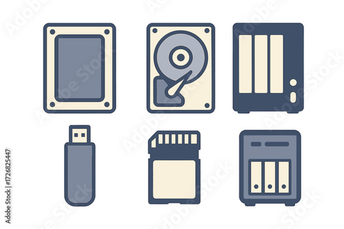 Digital storage devices including hard drive, USB flash drive, and memory card showcased in various designs and formats