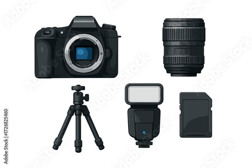 Essential photography gear including a camera, lens, tripod, flash, and memory card for capturing high-quality images