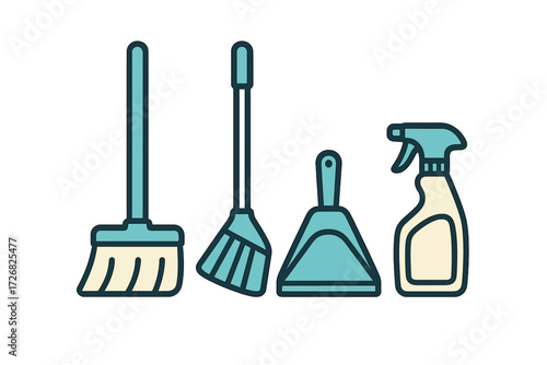 Collection of cleaning tools arranged neatly on a white background for home maintenance