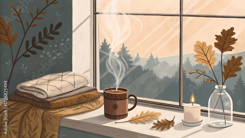 Window Sill Cozy Scene, warm indoor lifestyle illustration of an autumn-styled window sill: steaming mug, folded blanket, small vase with dried leaves and a candle casting soft glow