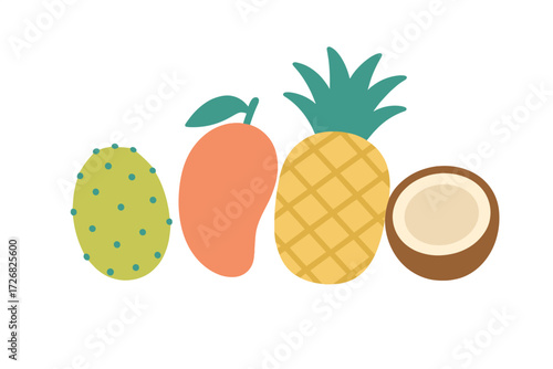 Colorful collection of tropical fruits on a bright background, featuring cactus pear, mango, pineapple, and coconut