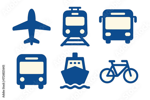 Various modes of transportation symbols showcasing travel options including airplane, train, bus, boat, and bicycle