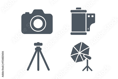 Essential photography tools including camera, film, tripod, and umbrella for effective outdoor shoots