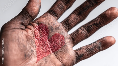 Close-up poster shot of open palm with symbolic Giving Tuesday heart painted in red as gesture of charity