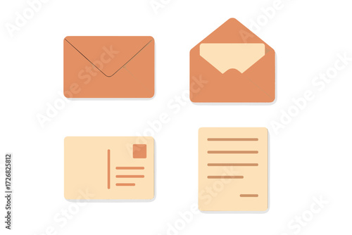 Design elements of envelopes and flat mail items in warm colors for stationery and communication themes