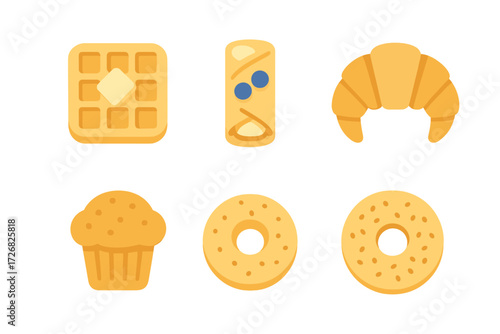 Assorted breakfast pastries and treats displayed on a bright background for a cheerful morning meal
