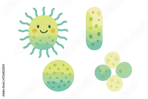 Colorful cartoon bacteria illustrations showcasing various shapes and smiling faces in a playful style